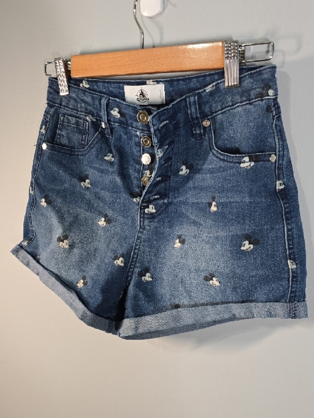 Disney Shorts Womens Size 7 Blue Mickey Print Button-fly Denim Cute - Picture 6 of 12